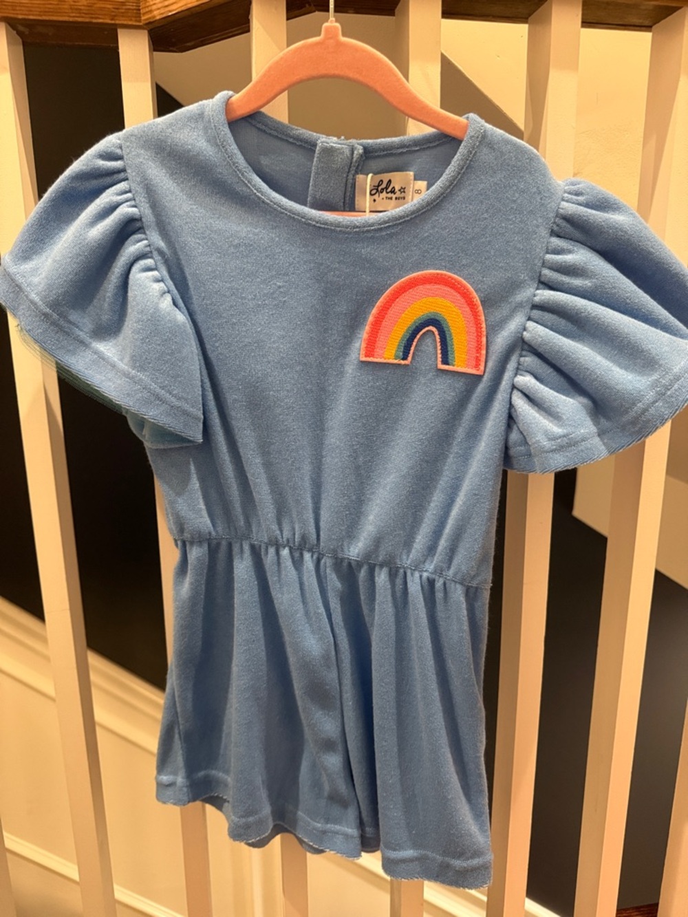 Lola & The Boys Blue Terry Cloth Dress with Rainbow Patch